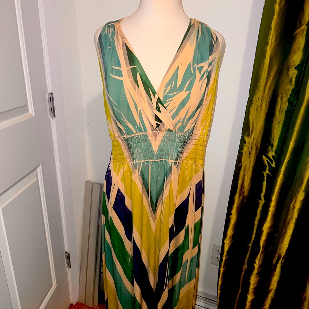 Multi color Maxi dress.  Size L/XL.  Elastic waist.  Plunging neckline.